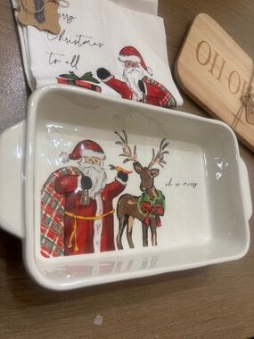 Mud Pie Holiday Baker and Wooden Trivet Set “Oh So Merry” Rare